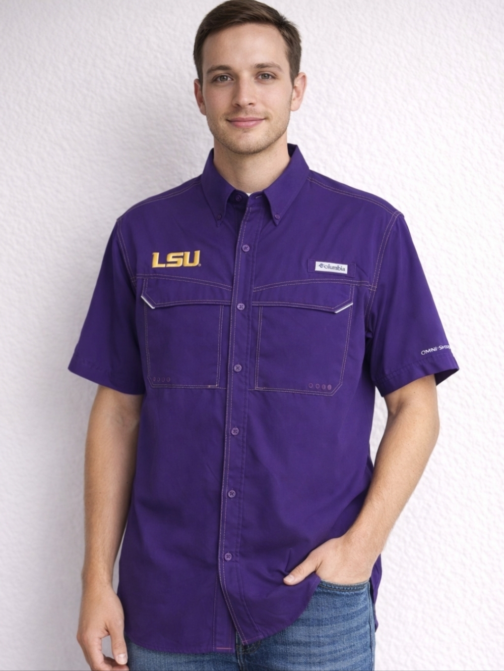 Columbia Men’s LSU Short Sleeve Button Down Shirt – Size Small